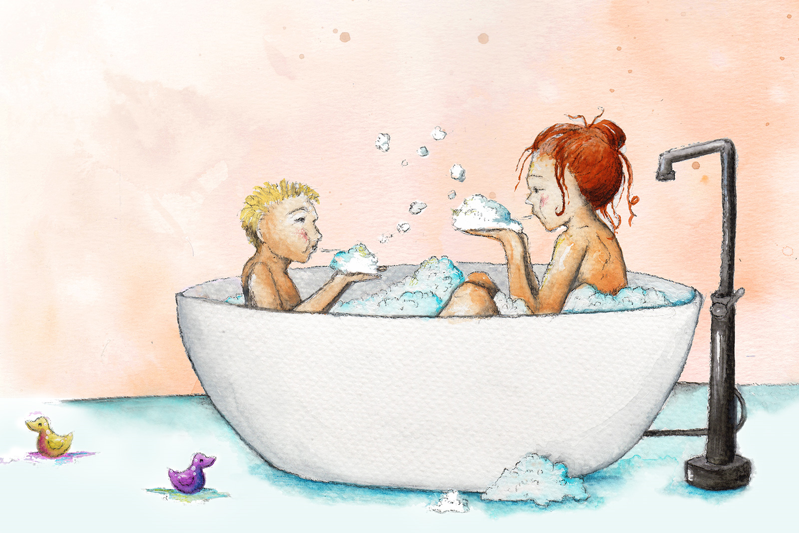 moeder en kind in bad oranje